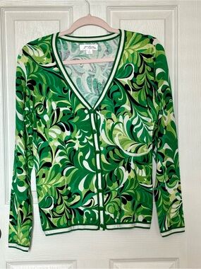 Josephine Essentials Silk Blend Green Abstract Print Cardigan Sweater Size Small